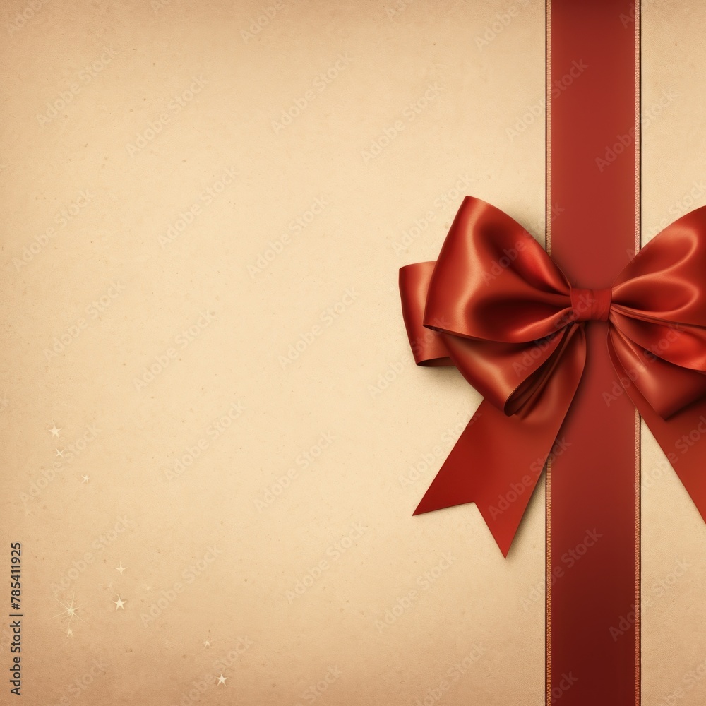 Red ribbon with bow on tan background, Christmas card concept. Space for text. Red and Tan Background