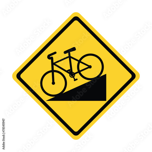 bicycle sign bike yellow sign steep downhill bike lane road sign area frequently used by bicyclists
