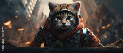 A kitten with a jetpack and a flameretardant wool scarf zooming through a futuristic cityscape