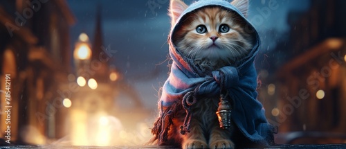 A magical kitten with a spellcasting wool scarf in a hightech, magical academy