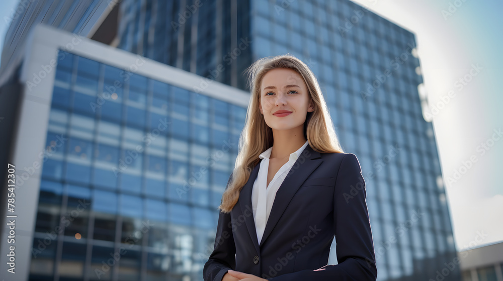 business woman leader entrepreneur, professional manager  standing on the street in big city on sky background.