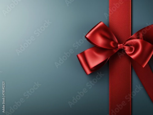 Red ribbon with bow on teal background, Christmas card concept. Space for text. Red and Teal Background