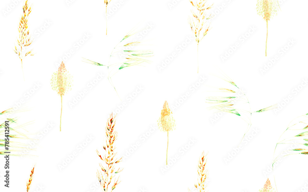 Grass Seamless Watercolor Pattern. Summer Grass Motif. Vintage Garden Wallpapaer.. Botanical Meadow Border. Plantago and Apera Dried Wild Plants. Abstract Floral Illustration. Fortuna Gold and Yellow - obrazy, fototapety, plakaty 