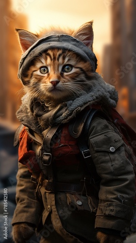 A postapocalyptic survivor kitten with a rugged, patchwork wool scarf scouting a deserted city