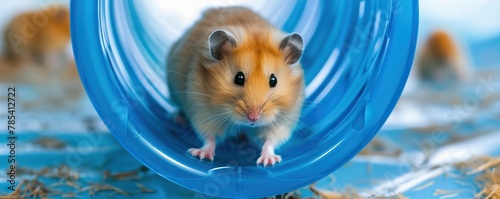 cute hamster is playing on the spinning wheel photo