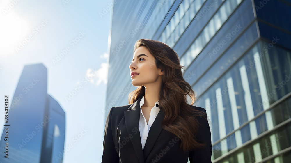 business woman leader entrepreneur, professional manager standing on the street in big city on sky background. business woman leader entrepreneur, professional manager standing on the street in big city on sky background.