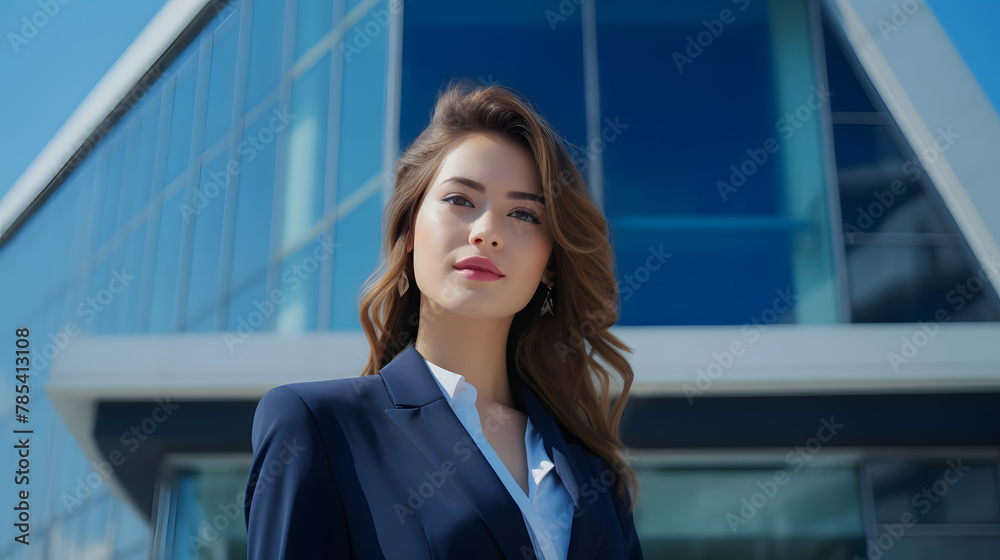 business woman leader entrepreneur, professional manager  standing on the street in big city on sky background.