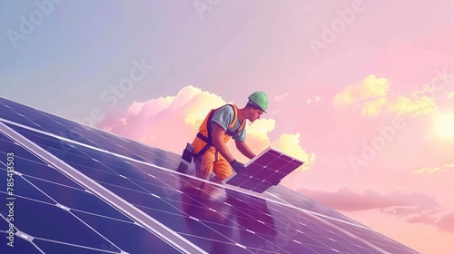 hardworking man installing solar panels on roof sustainable energy and green living concept realistic illustration