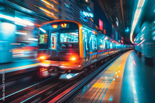 Dynamic Urban Commuter Train Rushing During Peak Hour, Capturing the Motion Effect with Rear Curtain Sync in Editorial Photography Concept. © Exotic Escape