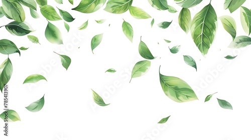 Green leaves flying in the wind on a white background