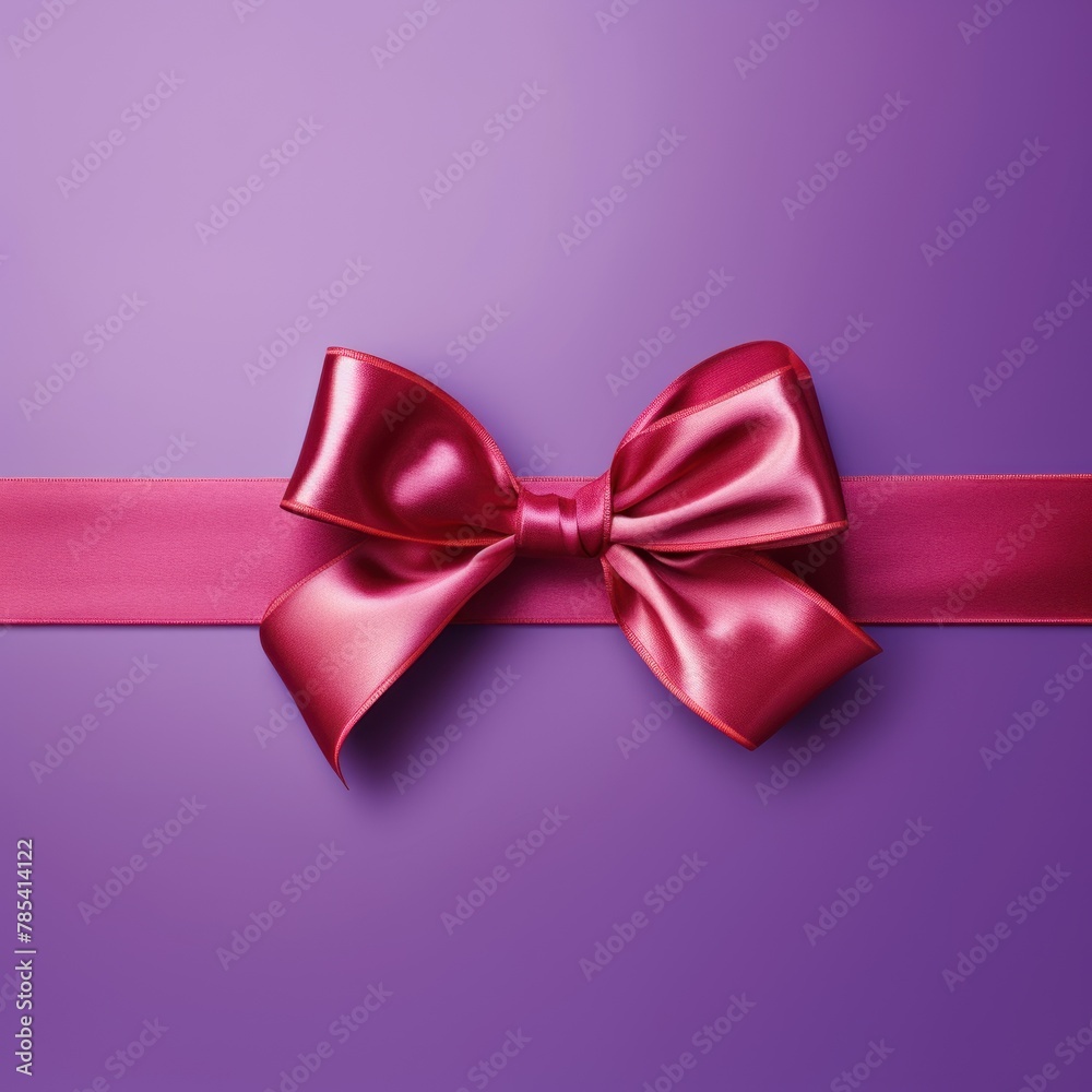 Red ribbon with bow on violet background, Christmas card concept. Space for text. Red and Violet Background