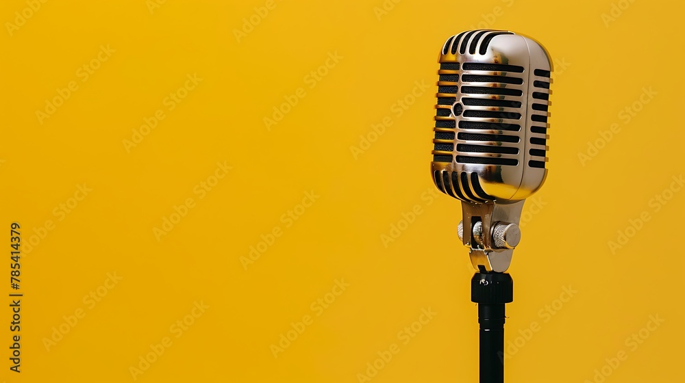 Fototapeta premium Retro microphone isolated on yellow background with copy space for text.