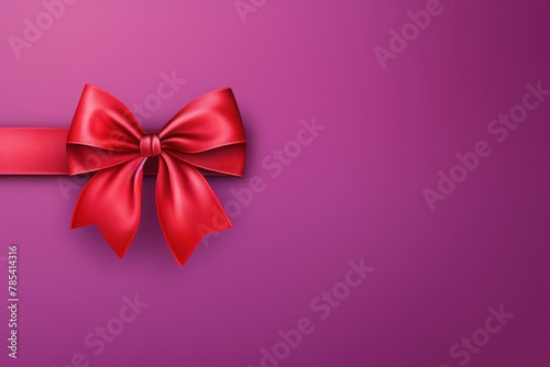 Red ribbon with bow on violet background  Christmas card concept. Space for text. Red and Violet Background