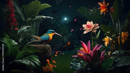 An antique, exotic night garden featuring stunning, exotic flowers, deep foliage, exotic insects, birds, and generative artificial intelligence.