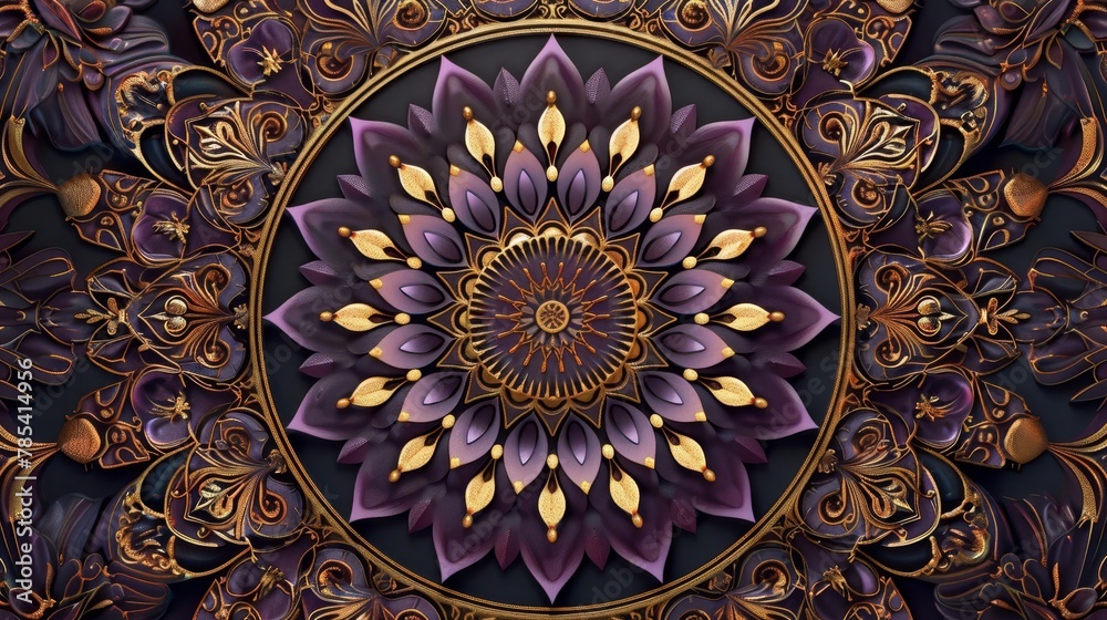 intricate mandala design with ornamental patterns floral elements and circular symmetry in rich purple and gold tones