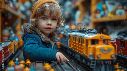 Toddler playing with toy train in store, rolling along miniature railway