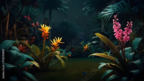 An antique  exotic night garden featuring stunning  exotic flowers  deep foliage  exotic insects  birds  and generative artificial intelligence.