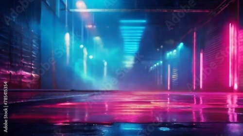 HD neon lights smoke background wallpaper of empty stage show or a nighttime city street with cobblestones © Graphic_Girls