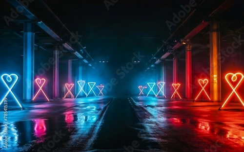 HD  neon lights smoke background wallpaper of empty stage show or a nighttime city street with cobblestones