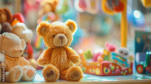 Plush teddy bear on a toy store table, sweet and furry baby toy
