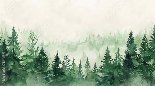lush green forest watercolor painting handdrawn fir and spruce trees landscape illustration photo