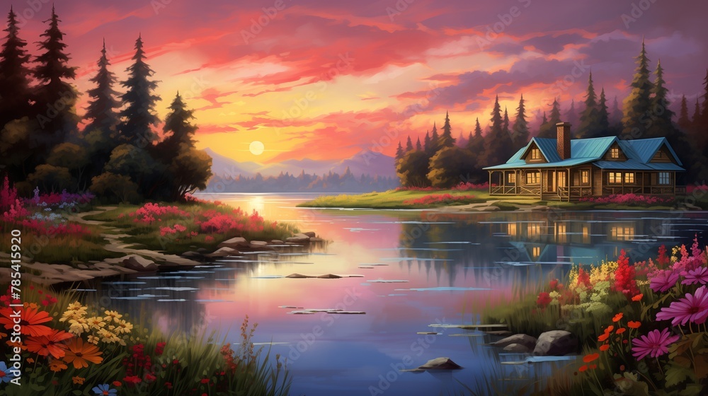 A serene lake reflecting vibrant autumn foliage with a cozy wood cabin nestled among the trees.