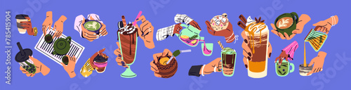 Female hands with beverages set. Women hold glasses of coffee with cream, mug of matcha, cappuccino. People pour hot drink from teapot into cup, brew herbal tea. Flat isolated vector illustration
