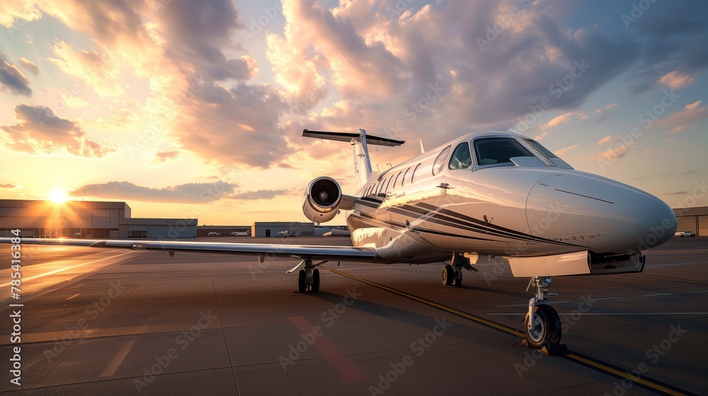 Luxury Travel Photography Capturing the Essence of Aviation. Private Jet Basking in the Glow of Sunset, Symbol of Modern Mobility.