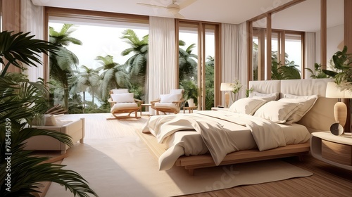 Modern cozy wooden bed UHD Wallpaper © Murtaza03ai