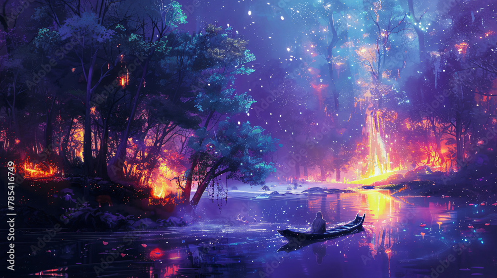 Night scenery of fantasy forest with glowing trees and