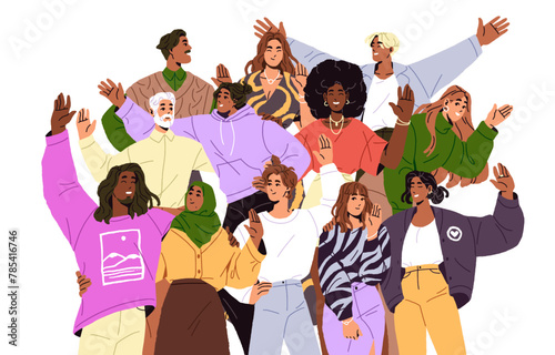 People greeting together. Crowd with welcome gesture. International team waving with hands, support. Happy group of diverse character says Hello. Flat isolated vector illustration on white background