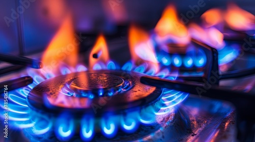 Close-up of blue gas stove flames in domestic kitchen