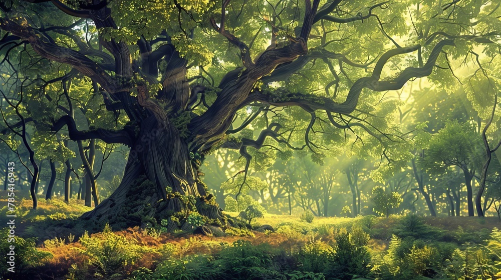 majestic ancient tree standing tall in serene forest landscape digital painting majestic ancient tree standing tall in serene forest landscape digital painting