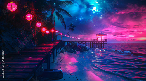 Night seascape fantasy island with lanterns and a wood