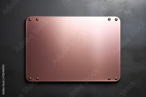 Pink large metal plate with rounded corners is mounted on the wall. It is a 3d rendering of a blank metallic signboard