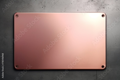 Pink large metal plate with rounded corners is mounted on the wall. It is a 3d rendering of a blank metallic signboard