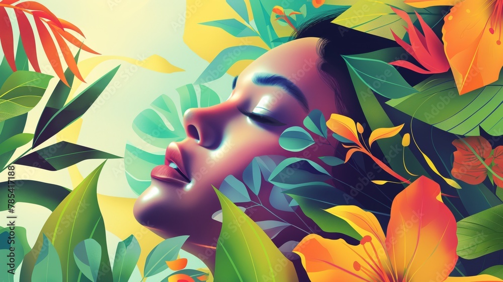 The female face of a beautiful African American woman among the leaves in collage and vector graphics style