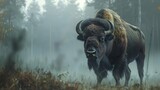 majestic european bison bull in misty forest atmospheric wildlife concept illustration