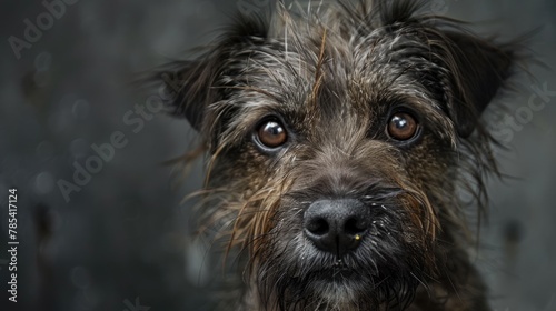 Abandoned and Homeless: Portrait of a Shaggy Dog with a Muzzle photo