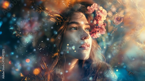 Portrait of a beautiful young woman in the night with a flower wreath on her head #785417125