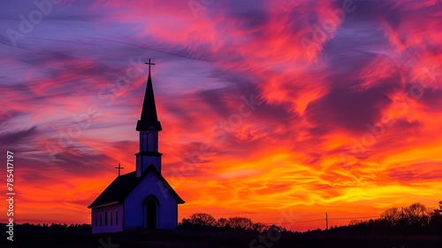 Vibrant sunset sky behind a tranquil country church