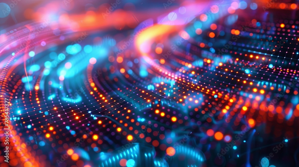 Obraz premium Abstract digital landscape with glowing neon lights and futuristic wave patterns