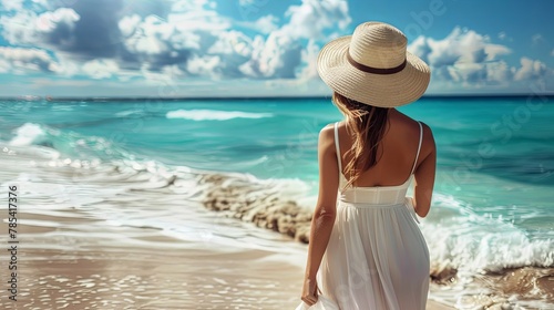 Serene beach escape with elegant woman enjoying the seascape