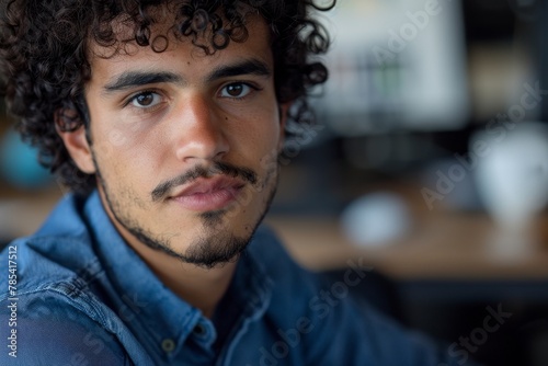 Close-up portrait of young successful hispanic businessman inside office, man in blue shirt concentrating and thinking looking at camera, programmer at workplace with curly, Generative AI
