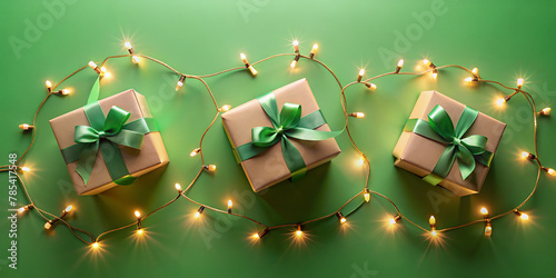 gift boxes on green background, abstract, design, minimalism, garland, bows
 cinematic gifts, AI generated, birthday, new year, cute, minimalism, gift background, garlands, glow, bows on gifts, holida photo