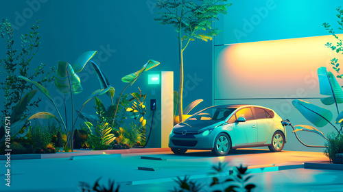 Eco-friendly EV charging station illustration. Green energy solutions and CO2 emission reduction for sustainable transportation. Green energy-powered electric vehicle charging station. CO2 Cutback.