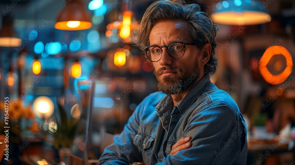 A bearded man in glasses enjoys a drink at a bar in the city