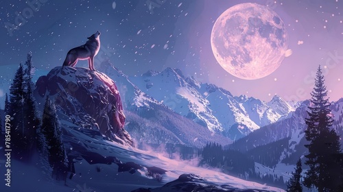 majestic lone wolf howling at the full moon in a snowy winter landscape dramatic digital wildlife painting