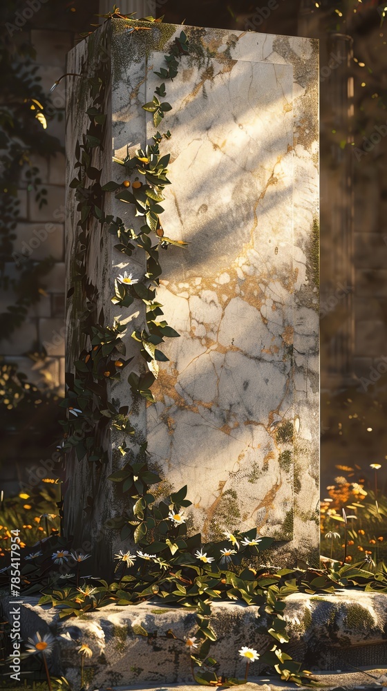 Marble podium bathed in golden hour light, draped with ivy and wildflowers, a perfect showcase for art
