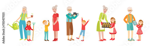 Grandfather and Grandmother Spending Time with Grandchildren Vector Set